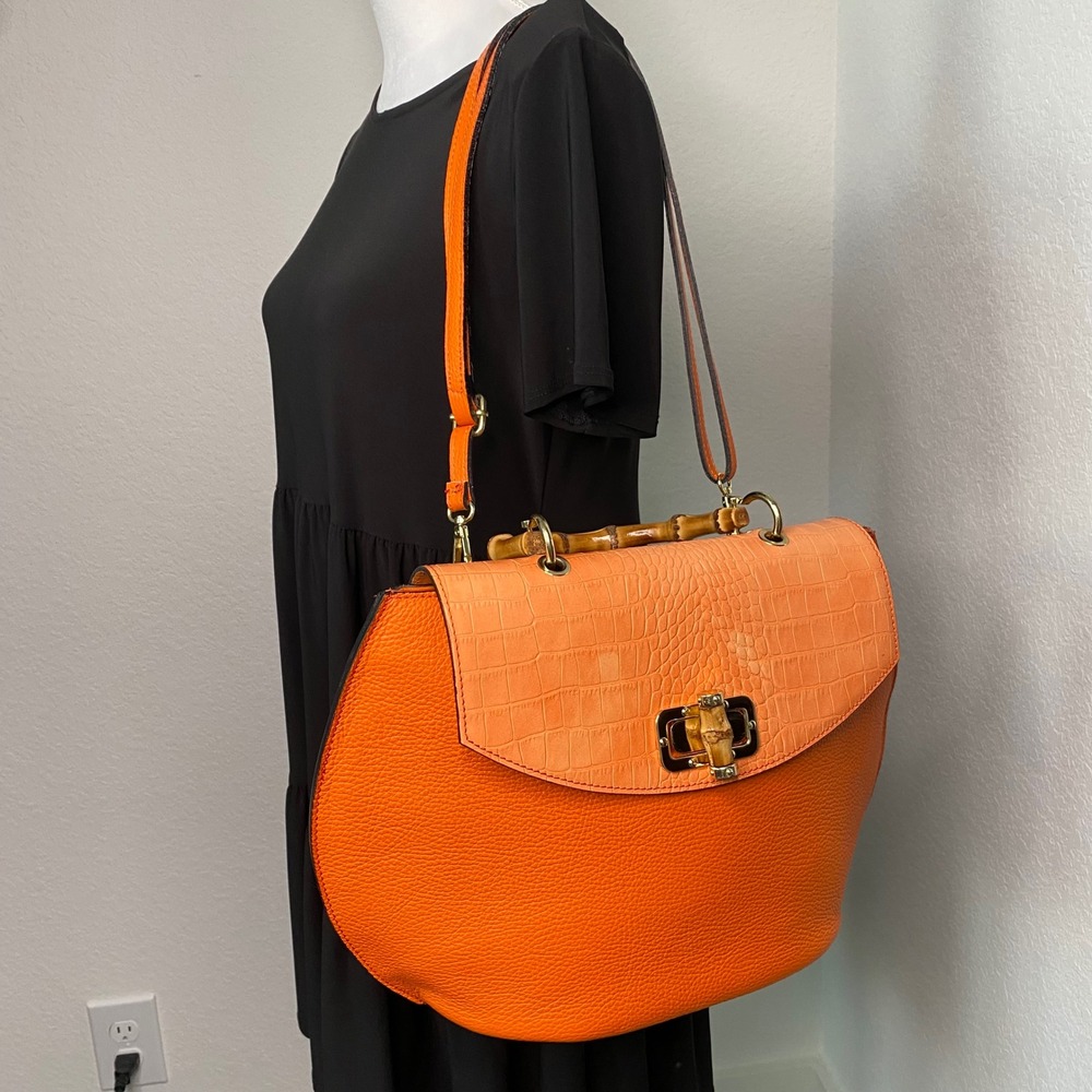 Borse in Pelle Satchel Crossbody Shoulder Bag Croc Emboss Orange Pebble Leather - Picture 5 of 12